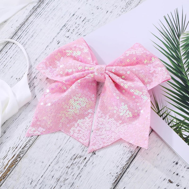Zolyco Large Glitter Cheer Bows Clips, Jumbo Big 7 Inch Cheerleading Sequin Hair Bow Hair Accessories for Teens Girls Football Sports Cheerleader Outfit Uniform (Pink) - Image 4